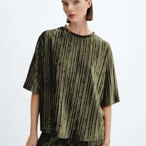 Mango MNG Velvet Boxy Oversized Ribbed Dark Green Pleated Top Size XS